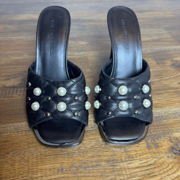 Karl Lagerfeld size 7 AMINA black open toe pearl studded quilted mule heel - Picture 4 of 13